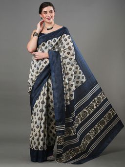 Akhilam - Womens Bhagalpuri Silk Off White Printed Designer Saree with Unstitched Blouse