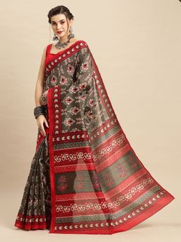 Akhilam - Womens Bhagalpuri Silk Grey Printed Designer Saree with Unstitched Blouse