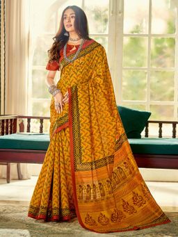 Akhilam - Womens Bhagalpuri Silk Mustard Printed Designer Saree with Unstitched Blouse