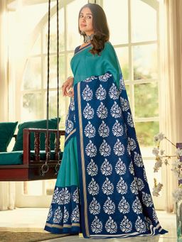 Akhilam - Womens Bhagalpuri Silk Blue Printed Designer Saree with Unstitched Blouse