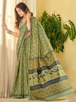 Akhilam - Womens Bhagalpuri Silk Sea Green Printed Designer Saree with Unstitched Blouse