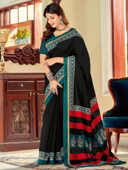 Akhilam - Womens Bhagalpuri Silk Black Printed Designer Saree with Unstitched Blouse