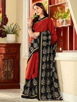 Akhilam - Womens Bhagalpuri Silk Red Printed Designer Saree with Unstitched Blouse
