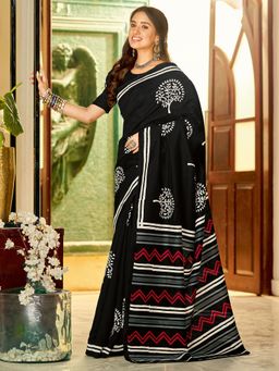 Akhilam - Womens Bhagalpuri Silk Black Printed Designer Saree with Unstitched Blouse