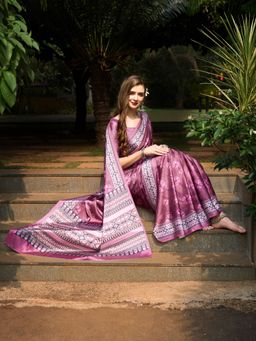 Akhilam - Womens Crepe Mauve Digital Print Designer Saree with Unstitched Blouse