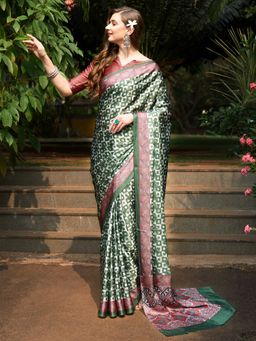 Akhilam - Womens Crepe Green Digital Print Designer Saree with Unstitched Blouse