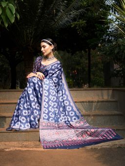 Akhilam - Womens Crepe Navy Blue Digital Print Designer Saree with Unstitched Blouse