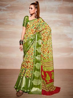Akhilam - Womens Cotton Blend Light Green Printed Designer Saree with Unstitched Blouse