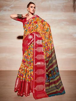 Akhilam - Womens Cotton Blend Orange Printed Designer Saree with Unstitched Blouse