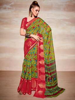 Akhilam - Womens Cotton Blend Green Printed Designer Saree with Unstitched Blouse