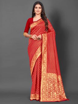Akhilam - Womens Silk Blend Red Woven Design Saree with Unstitched Blouse