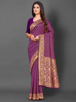 Akhilam - Womens Silk Blend Purple Woven Design Saree with Unstitched Blouse