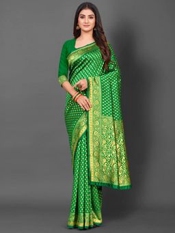 Akhilam - Womens Silk Blend Green Woven Design Saree with Unstitched Blouse