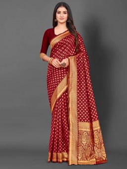 Akhilam - Womens Silk Blend Maroon Woven Design Saree with Unstitched Blouse