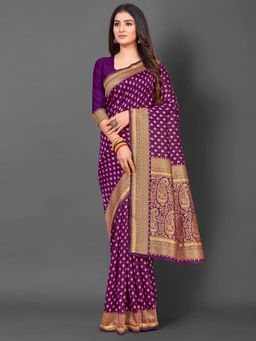 Akhilam - Womens Silk Blend Purple Woven Design Saree with Unstitched Blouse