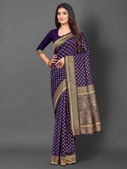 Akhilam - Womens Silk Blend Navy Blue Woven Design Saree with Unstitched Blouse
