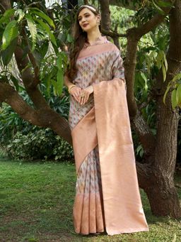 Akhilam - Womens Cotton Silk Peach Printed Designer Saree with Unstitched Blouse