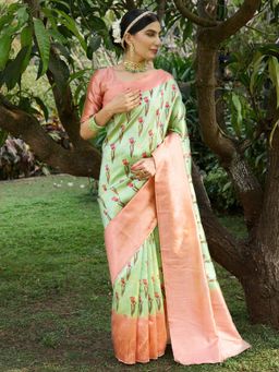 Akhilam - Womens Cotton Silk Green Printed Designer Saree with Unstitched Blouse