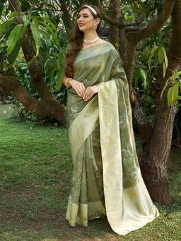 Akhilam - Womens Cotton Silk Olive Printed Designer Saree with Unstitched Blouse