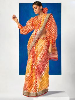 Akhilam - Womens Brasso Yellow Printed Designer Saree with Unstitched Blouse