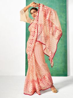 Akhilam - Womens Brasso Peach Printed Designer Saree with Unstitched Blouse