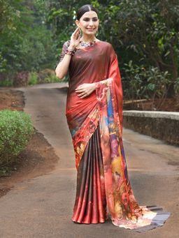 Akhilam - Womens Crepe Multicolor Digital Print Designer Saree with Unstitched Blouse