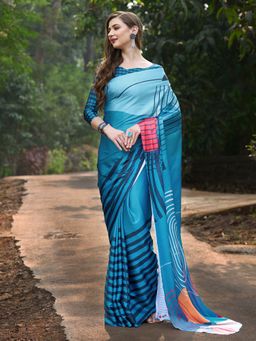 Akhilam - Womens Crepe Blue Digital Print Designer Saree with Unstitched Blouse