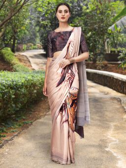 Akhilam - Womens Crepe Beige Digital Print Designer Saree with Unstitched Blouse
