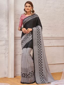 Akhilam - Womens Dola Silk Black Printed Designer Saree with Unstitched Blouse