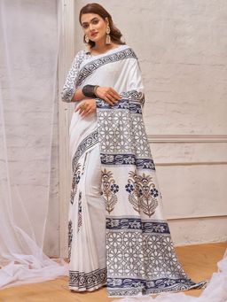 Akhilam - Womens Dola Silk White Printed Designer Saree with Unstitched Blouse
