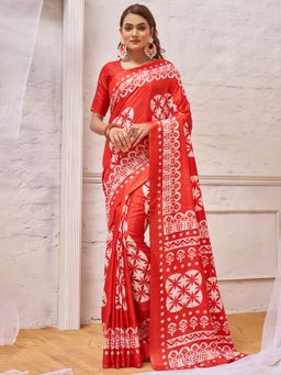 Akhilam - Womens Dola Silk Red Printed Designer Saree with Unstitched Blouse