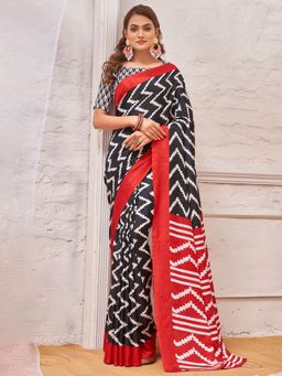 Akhilam - Womens Dola Silk Black Printed Designer Saree with Unstitched Blouse