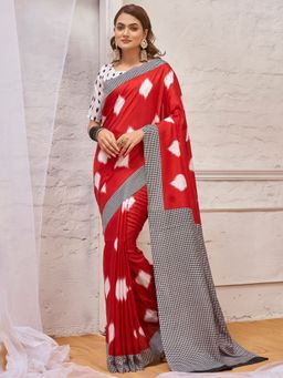 Akhilam - Womens Dola Silk Red Printed Designer Saree with Unstitched Blouse