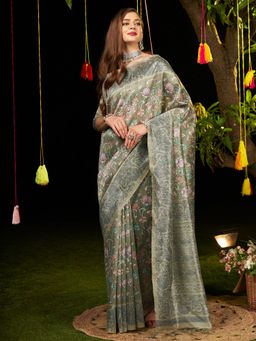 Akhilam - Womens Dola Silk Olive Digital Print Designer Saree with Unstitched Blouse