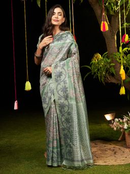 Akhilam - Womens Dola Silk Green Digital Print Designer Saree with Unstitched Blouse