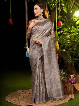 Akhilam - Womens Dola Silk Brown Digital Print Designer Saree with Unstitched Blouse