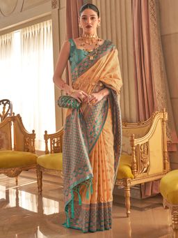 Akhilam - Womens Silk Blend Beige Woven Design Saree with Unstitched Blouse