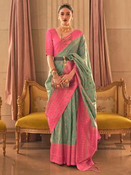 Akhilam - Womens Silk Blend Sea Green Woven Design Saree with Unstitched Blouse