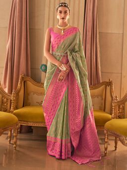 Akhilam - Womens Silk Blend Green Woven Design Saree with Unstitched Blouse