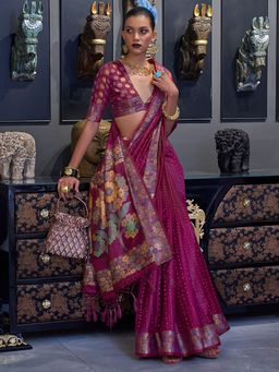 Akhilam - Womens Organza Magenta Woven Designer Saree with Unstitched Blouse