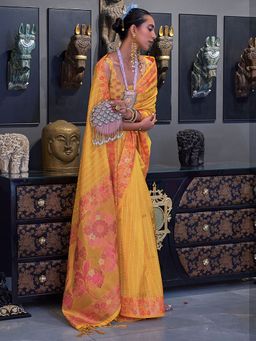 Akhilam - Womens Organza Yellow Woven Designer Saree with Unstitched Blouse