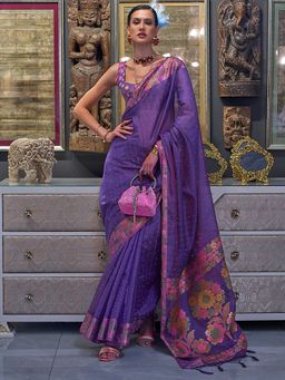 Akhilam - Womens Organza Purple Woven Designer Saree with Unstitched Blouse