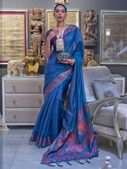 Akhilam - Womens Organza Blue Woven Designer Saree with Unstitched Blouse