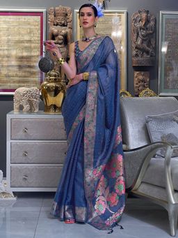 Akhilam - Womens Organza Navy Blue Woven Designer Saree with Unstitched Blouse