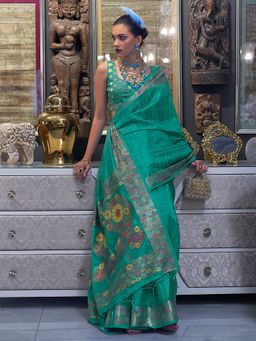 Akhilam - Womens Organza Sea Green Woven Designer Saree with Unstitched Blouse