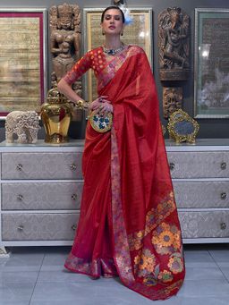 Akhilam - Womens Organza Red Woven Designer Saree with Unstitched Blouse