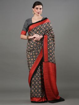 Sareemall - Womens Dola Silk Black Digital Print Designer Saree with Unstitched Blouse