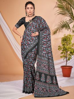 Akhilam - Womens Dola Silk Black Digital Print Designer Saree with Unstitched Blouse