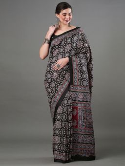 Akhilam - Womens Dola Silk Black Digital Print Designer Saree with Unstitched Blouse