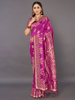 Akhilam - Womens Cotton Silk Purple Woven Design Saree with Unstitched Blouse